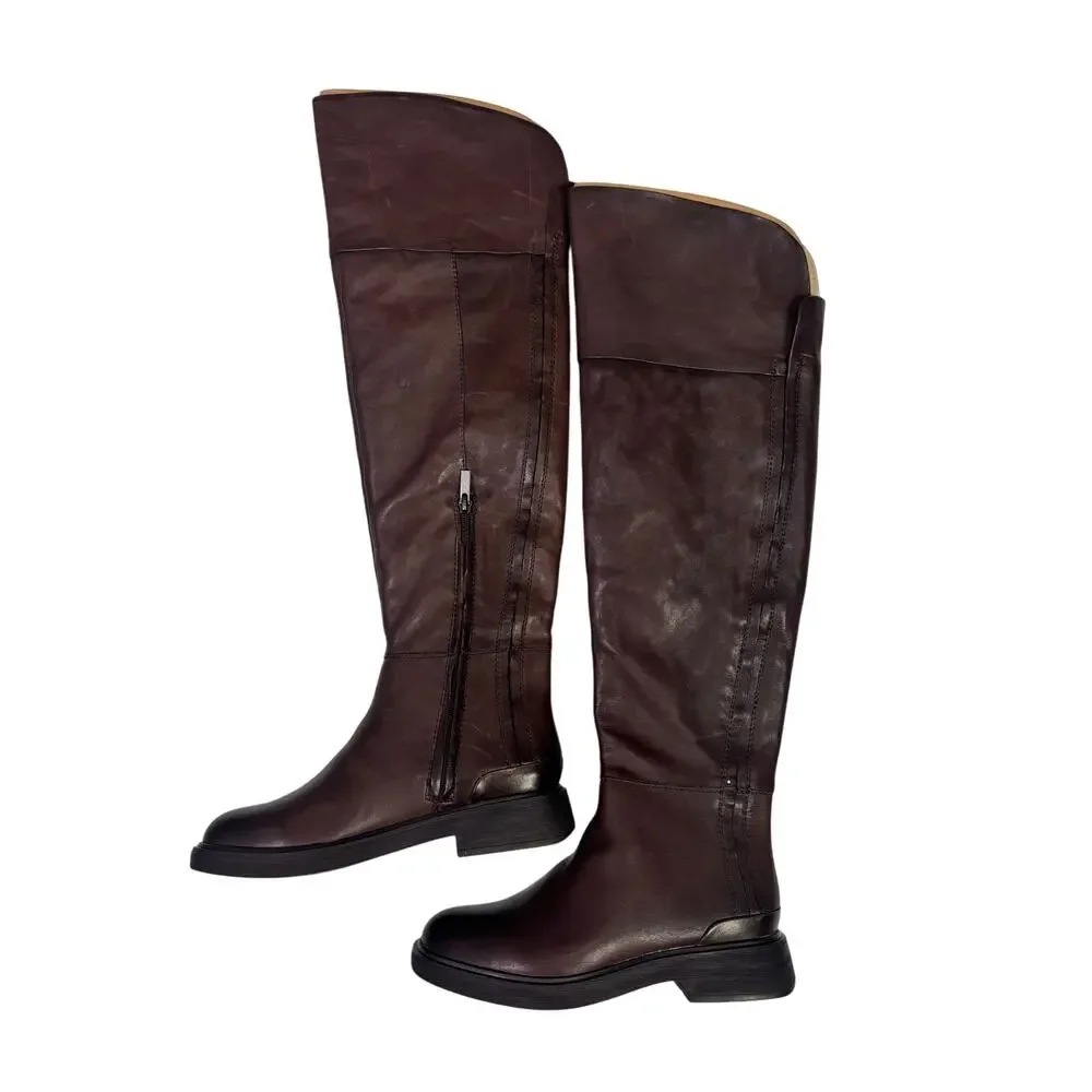 Franco Sarto Brown Leather Over The Knee Riding Boots 7.5M Wide Calf Battina